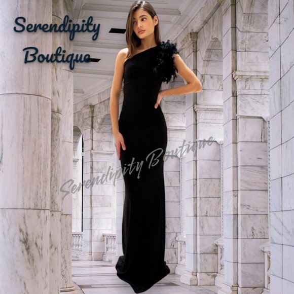 Elegant Black Feather Trim Tapered Fit One Shoulder Floor Length Maxi Dress - Picture 1 of 8